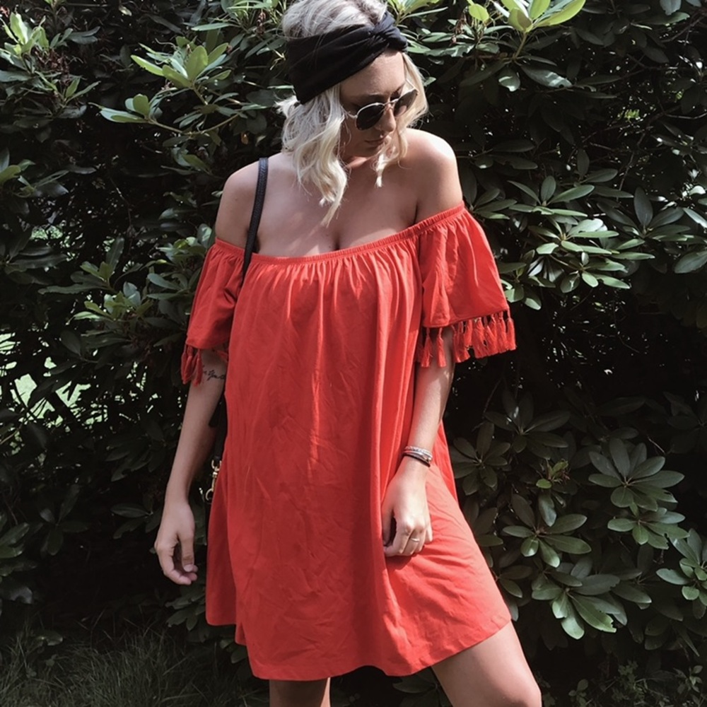 ASOS Red Off the Shoulder Fringe Sleeve Dress